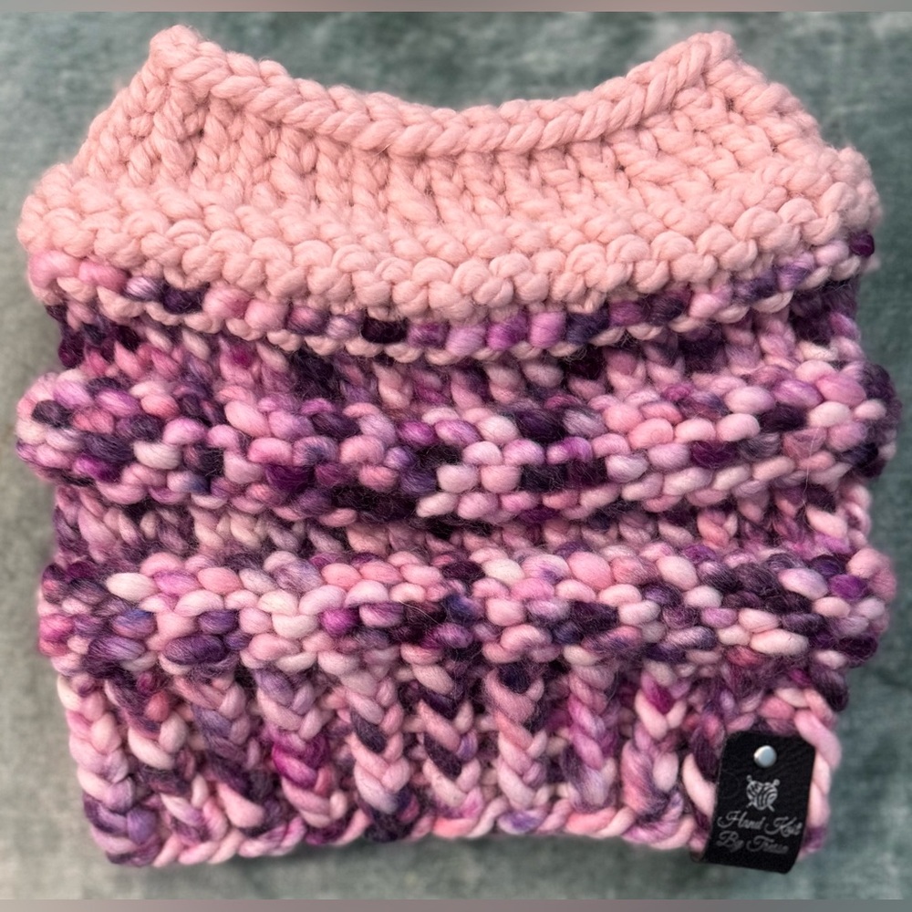 Handmade Hand Crafted Knit Messy Bun Hat adult/teen size purple pink